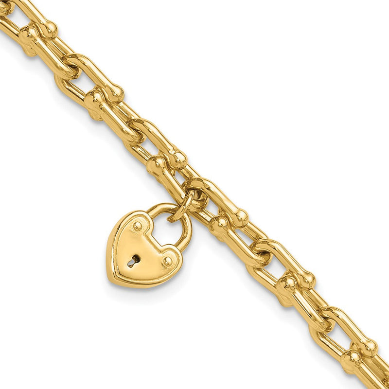 14K Gelbgold Poliert Herz Schloss Charm Fantasieglieder 7.5 Zoll Armband