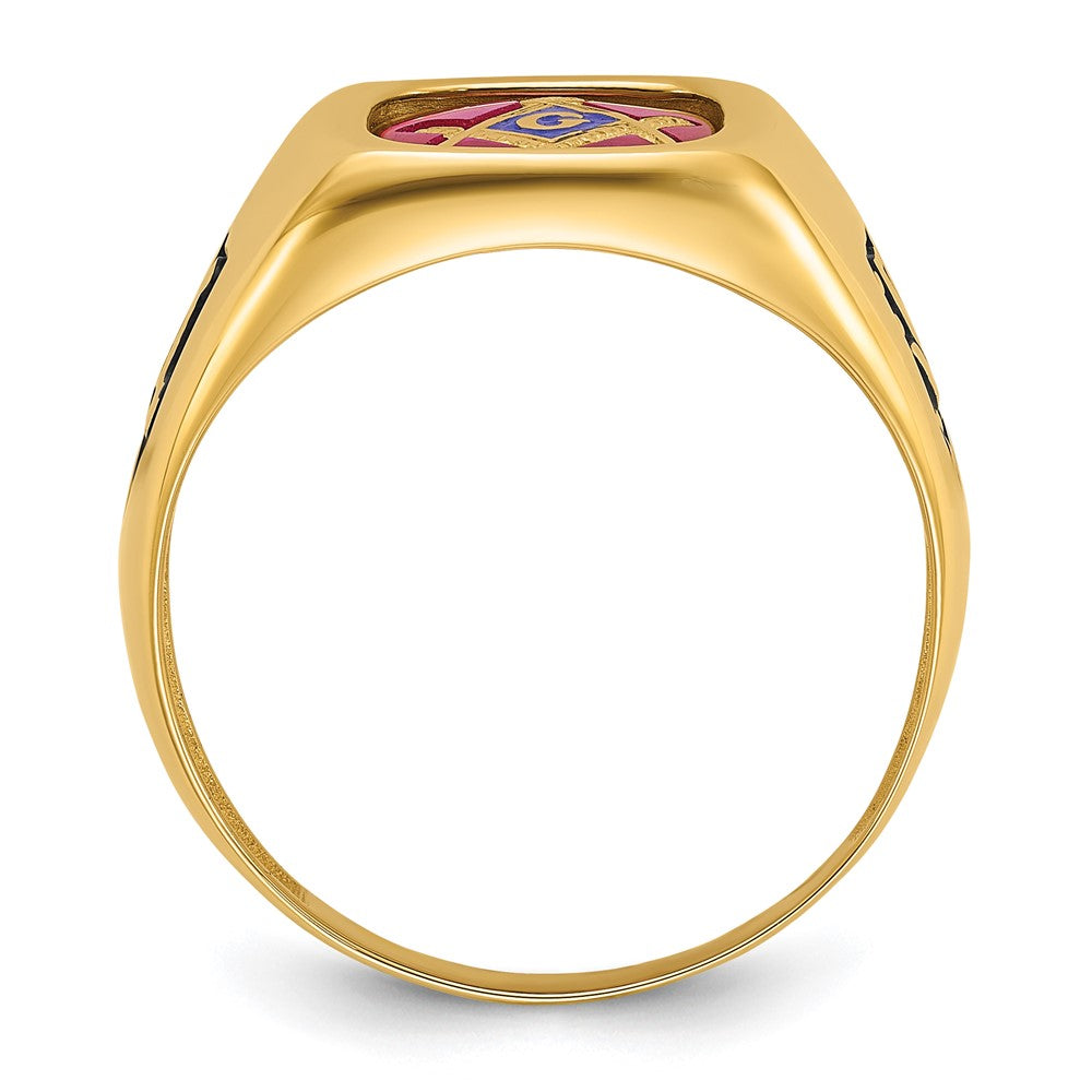 14K Gelbgold Herren Poliert und Strukturiert mit Schwarz Emaille und Im Labor Erzeugt Rubin Freimaurer Ring