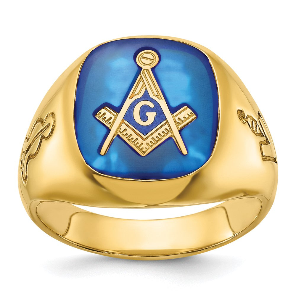Ibgoodman 14K Herren Poliert und Gerillt mit Im Labor Erzeugt Saphir Blau Lodge Master Freimaurer Ring