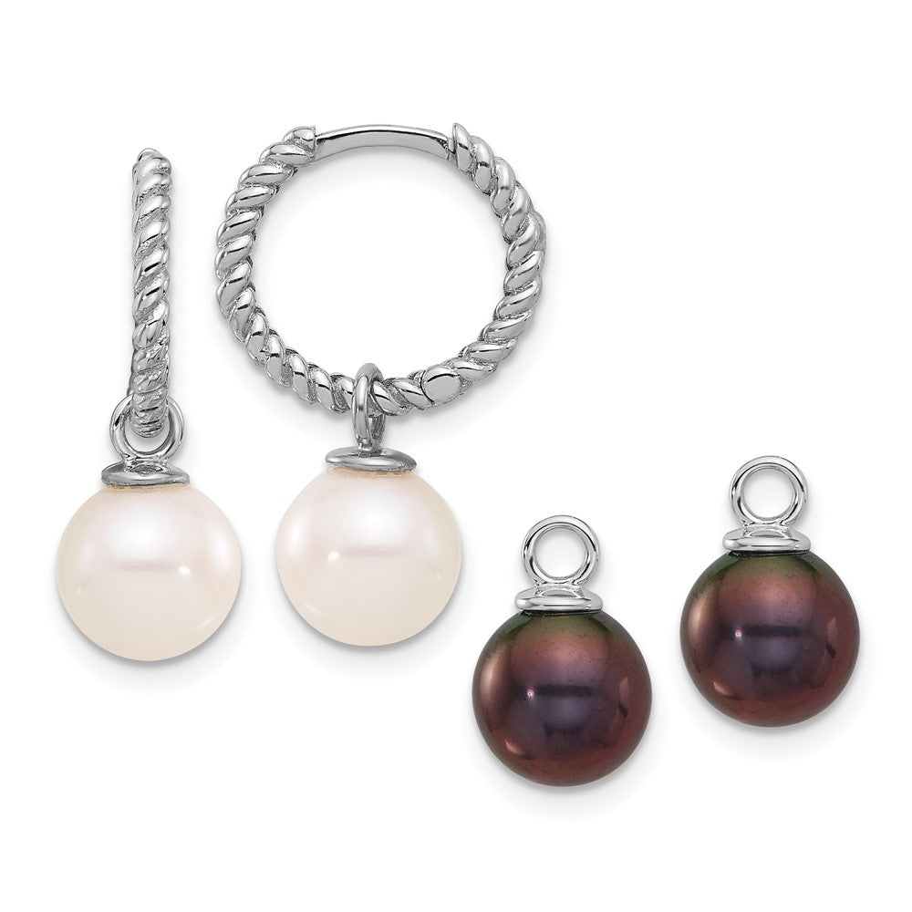 14K Weißgold 7-8mm Schwarz und Weiß Süßwasser Zuchtperle Removable Hängend Creolen