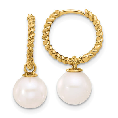 14K Gelbgold 7-8mm Schwarz und Süßwasser Zuchtperle Removable Hängend Creolen