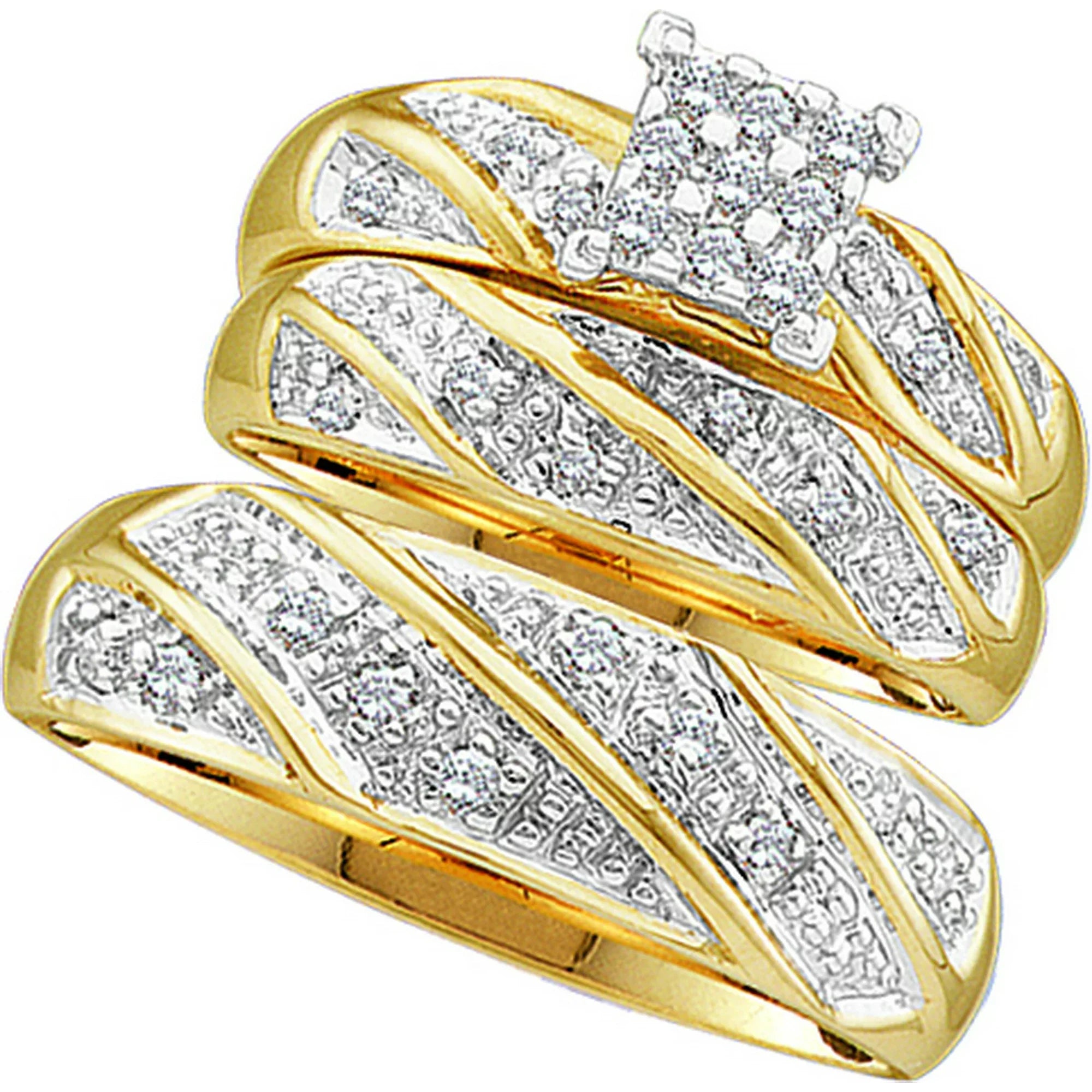 10K Gelbgold Trio His & Hers Rund Diamant Cluster Passend Bridal Hochzeit Ring Set (1/4 ct Gesamtgewicht)