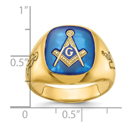 Ibgoodman 14K Herren Poliert und Gerillt mit Im Labor Erzeugt Saphir Blau Lodge Master Freimaurer Ring
