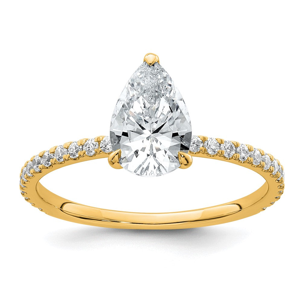 14K Gelbgold 1,375 Karat Zertifizierter, im Labor gezüchteter Diamant VS+ F+ Birnenschliff Kompletter Solitär mit Flair Verlobungsring