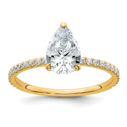 14K Gelbgold 1,375 Karat Zertifizierter, im Labor gezüchteter Diamant VS+ F+ Birnenschliff Kompletter Solitär mit Flair Verlobungsring