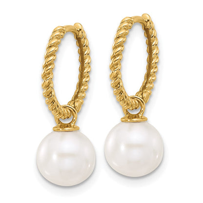 14K Gelbgold 7-8mm Schwarz und Süßwasser Zuchtperle Removable Hängend Creolen
