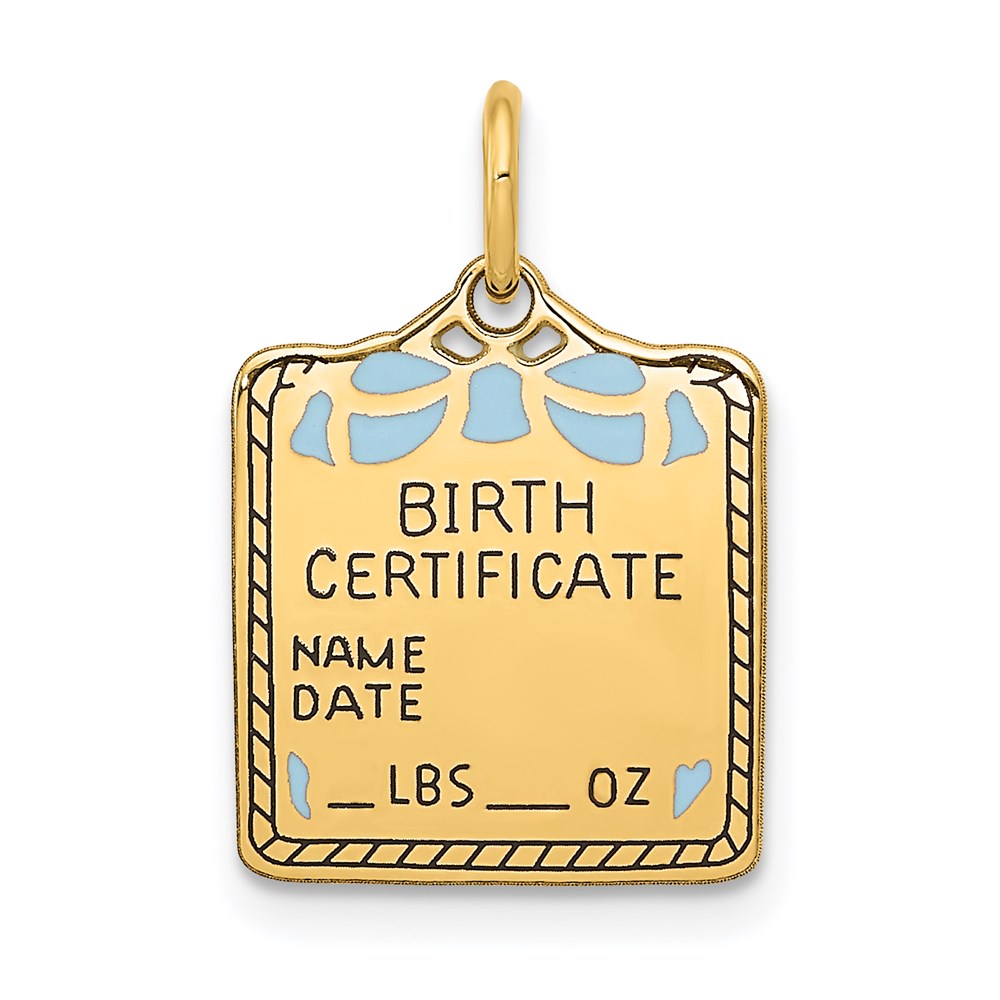 14K Gelbgold Emailliert Blau Gravierbar Birth Certificate Charm