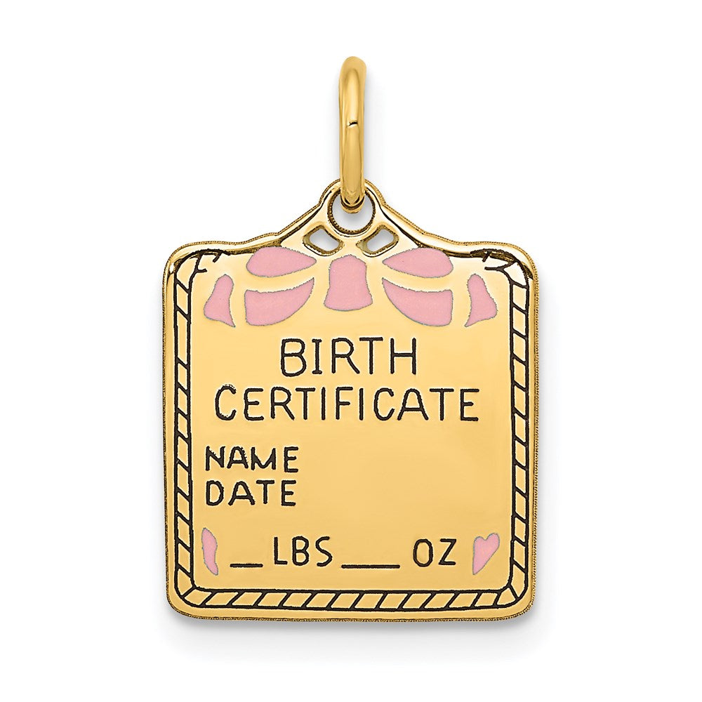 14K Gelbgold 14K Emailliert Rosa Gravierbar Birth Certificate Charm