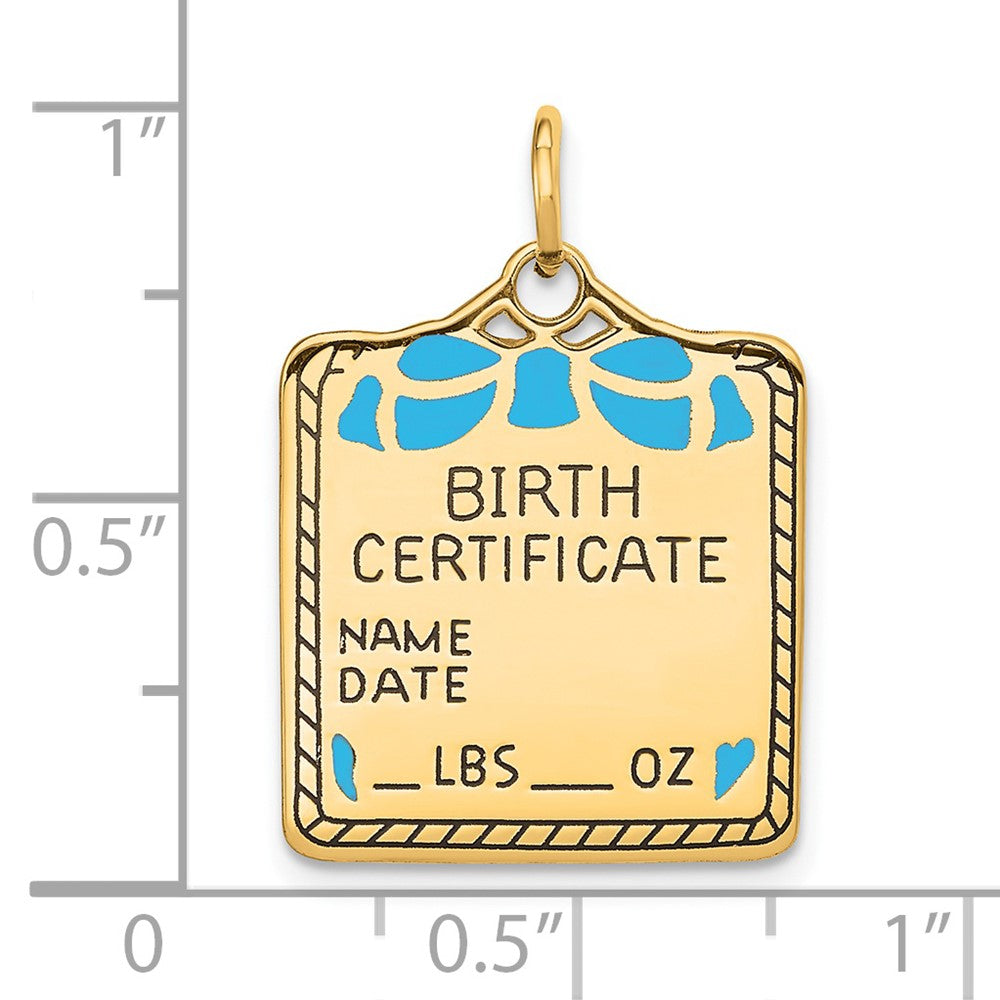 14K Gelbgold Emailliert Blau Gravierbar Birth Certificate Charm