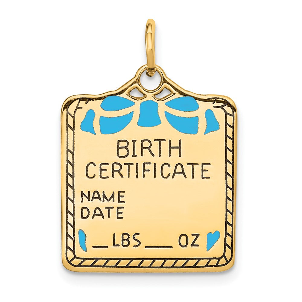 14K Gelbgold Emailliert Blau Gravierbar Birth Certificate Charm