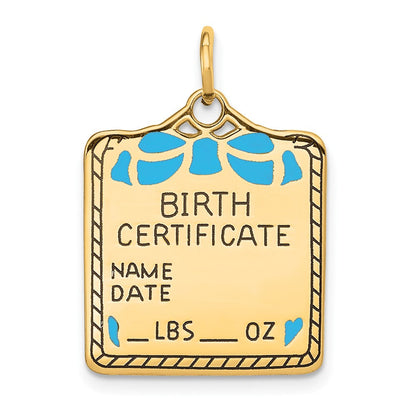 14K Gelbgold Emailliert Blau Gravierbar Birth Certificate Charm