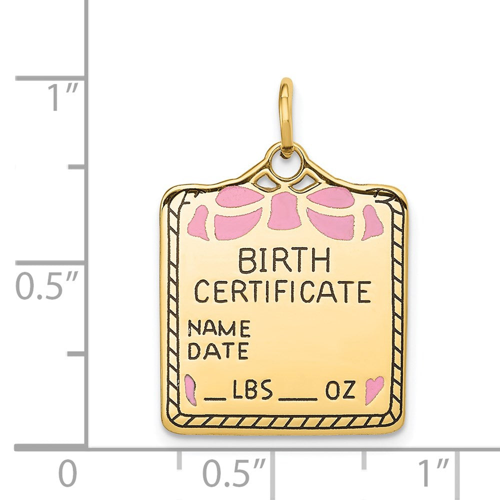 14K Gelbgold 14K Emailliert Rosa Gravierbar Birth Certificate Charm