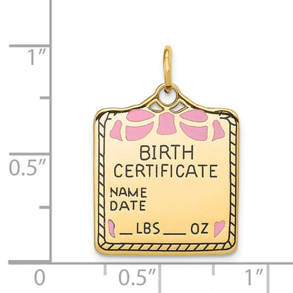 14K Gelbgold 14K Emailliert Rosa Gravierbar Birth Certificate Charm