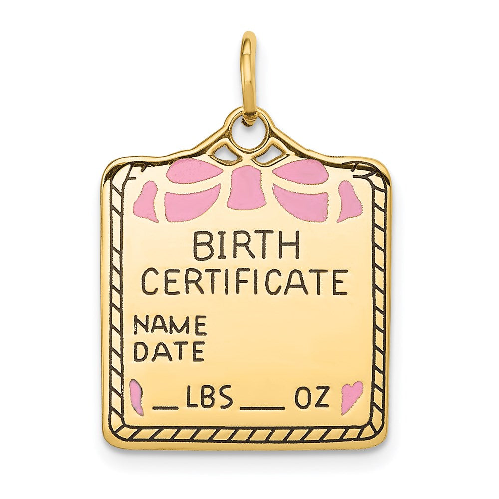 14K Gelbgold 14K Emailliert Rosa Gravierbar Birth Certificate Charm