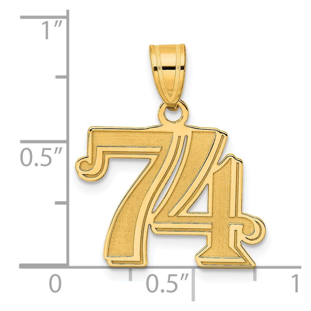 14K Gelbgold polierter geätzter Zahlen-Anhänger "74