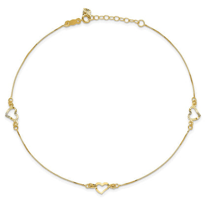 14K Gelbgold Diamantiert Herz 10 Zoll Plus 1 Zoll Verlängerung. Fußkettchen