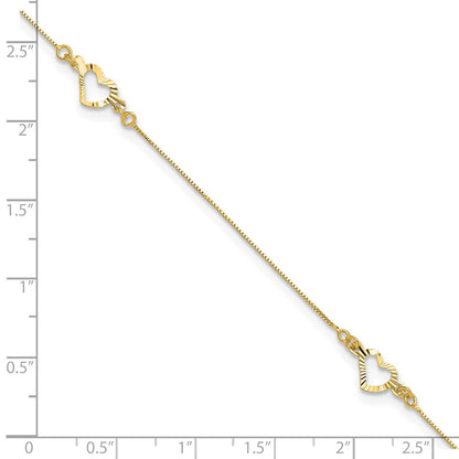 14K Gelbgold Diamantiert Herz 10 Zoll Plus 1 Zoll Verlängerung. Fußkettchen