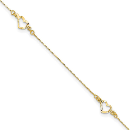 14K Gelbgold Diamantiert Herz 10 Zoll Plus 1 Zoll Verlängerung. Fußkettchen