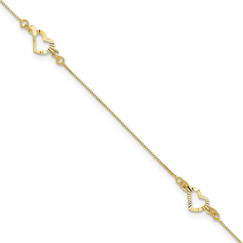 14K Gelbgold Diamantiert Herz 10 Zoll Plus 1 Zoll Verlängerung. Fußkettchen