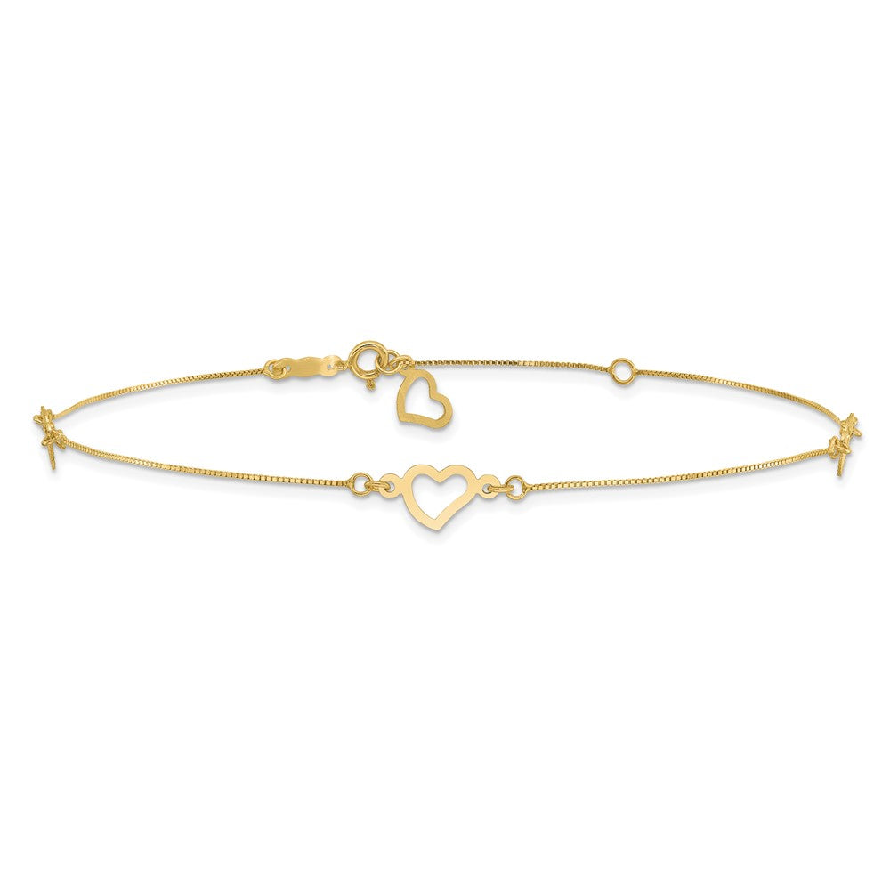 14K Gelbgold Fantasie Herz 10 Zoll Plus 1 Zoll Verlängerung. Fußkettchen