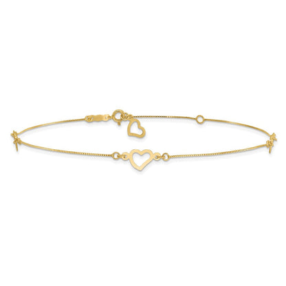 14K Gelbgold Fantasie Herz 10 Zoll Plus 1 Zoll Verlängerung. Fußkettchen