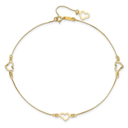 14K Gelbgold Fantasie Herz 10 Zoll Plus 1 Zoll Verlängerung. Fußkettchen