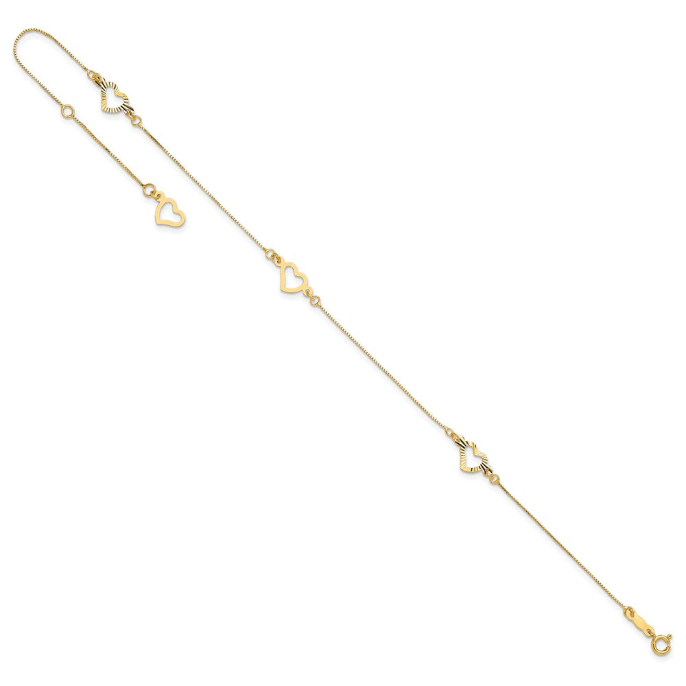 14K Gelbgold Fantasie Herz 10 Zoll Plus 1 Zoll Verlängerung. Fußkettchen