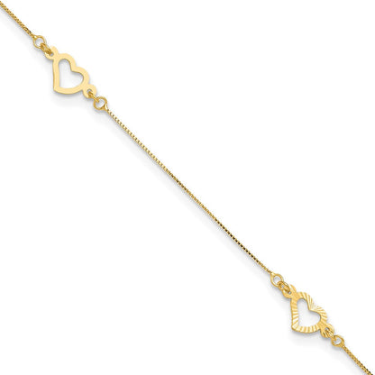 14K Gelbgold Fantasie Herz 10 Zoll Plus 1 Zoll Verlängerung. Fußkettchen