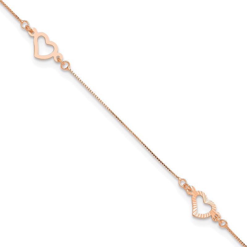 14K Roségold Verstellbar Fantasie Herz 9 Zoll Plus 1 Zoll Verlängerung. Fußkettchen
