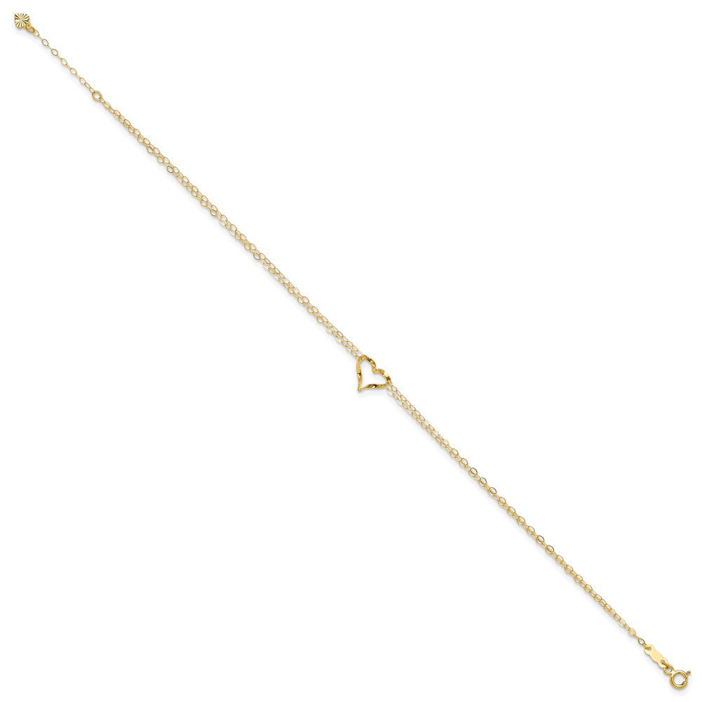14K Gelbgold Fußkette mit doppelsträngigem Herz, 22,9 cm (9 Zoll) mit 2,5 cm (1 Zoll) Verlängerung