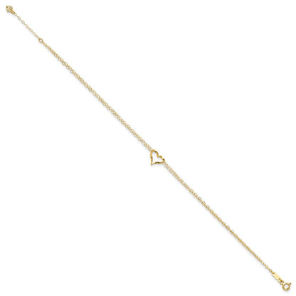 14K Gelbgold Fußkette mit doppelsträngigem Herz, 22,9 cm (9 Zoll) mit 2,5 cm (1 Zoll) Verlängerung
