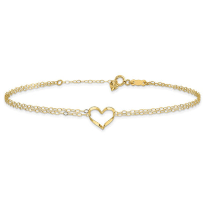 14K Gelbgold Fußkette mit doppelsträngigem Herz, 22,9 cm (9 Zoll) mit 2,5 cm (1 Zoll) Verlängerung
