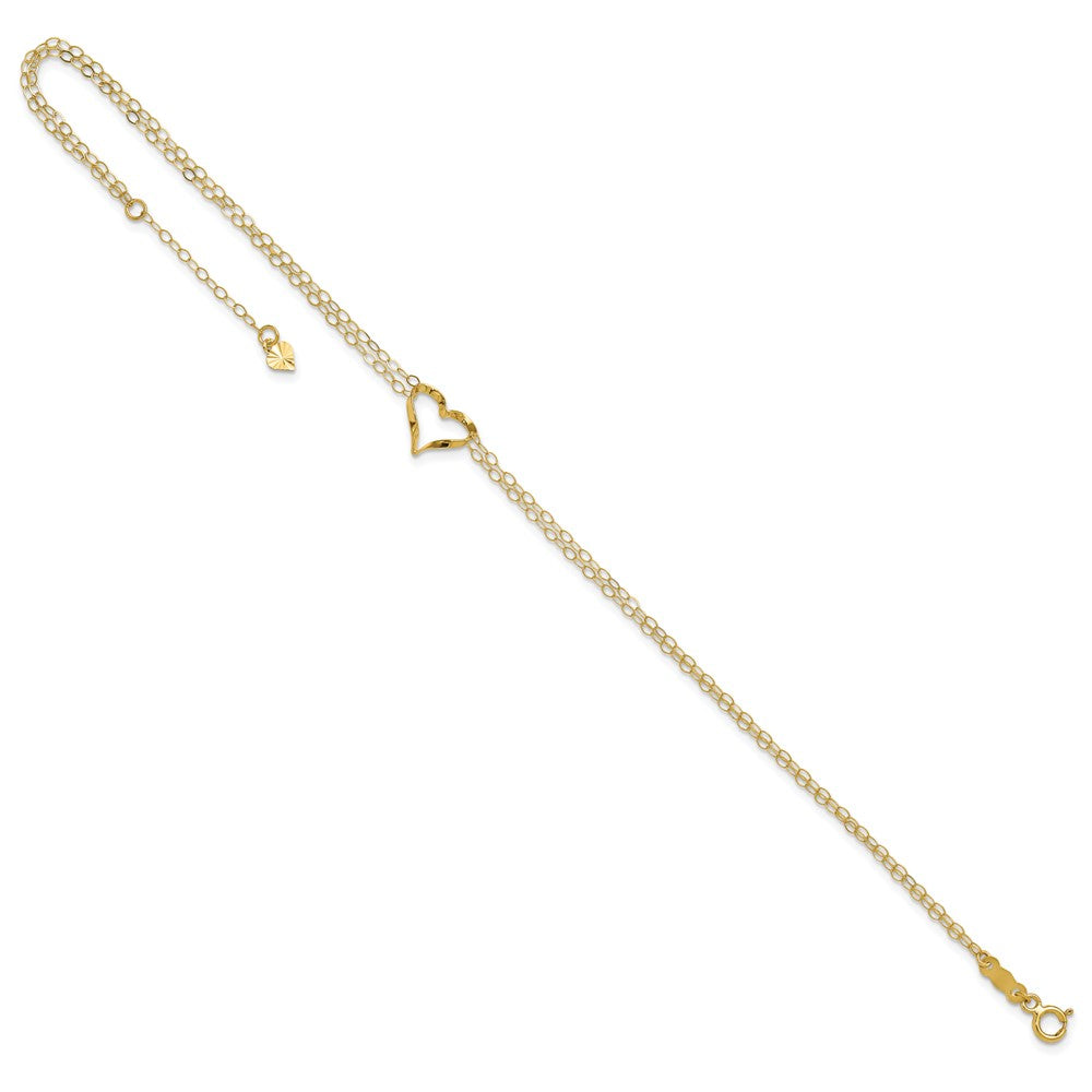 14K Gelbgold Fußkette mit doppelsträngigem Herz, 22,9 cm (9 Zoll) mit 2,5 cm (1 Zoll) Verlängerung
