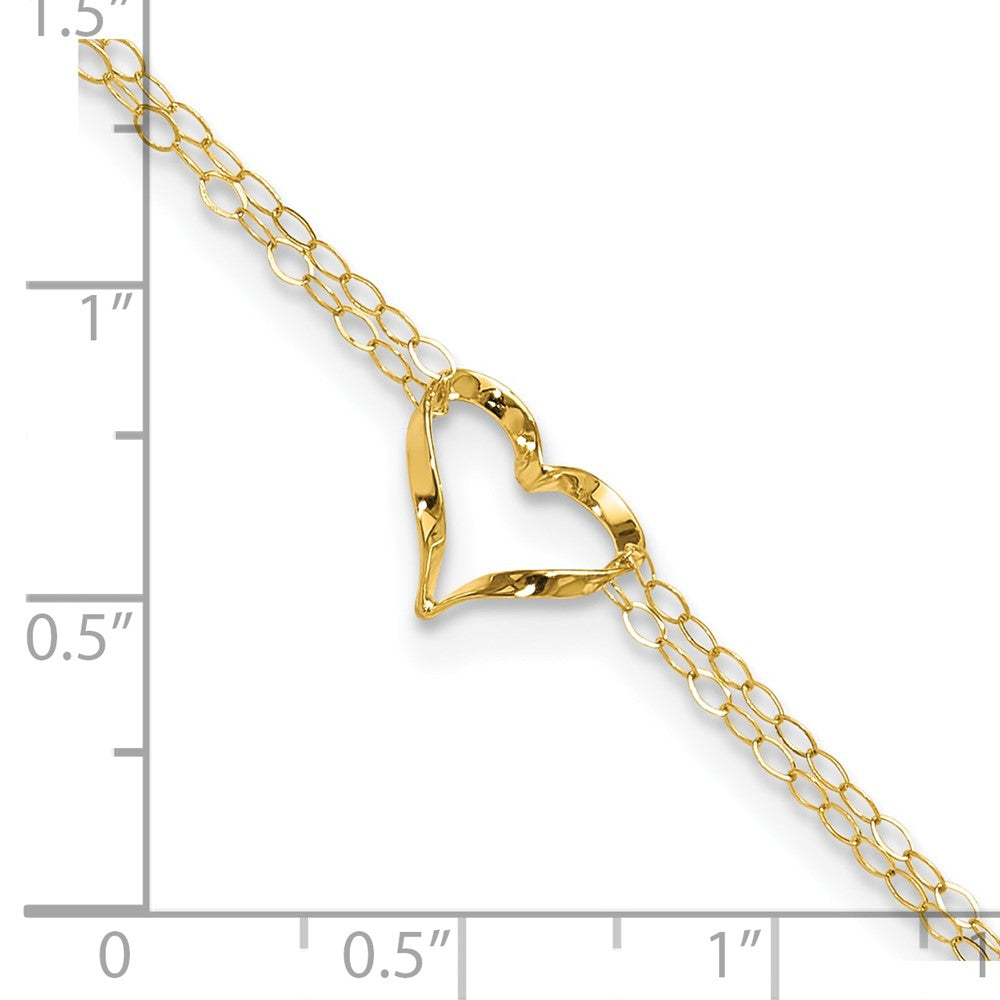 14K Gelbgold Fußkette mit doppelsträngigem Herz, 22,9 cm (9 Zoll) mit 2,5 cm (1 Zoll) Verlängerung