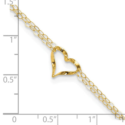 14K Gelbgold Fußkette mit doppelsträngigem Herz, 22,9 cm (9 Zoll) mit 2,5 cm (1 Zoll) Verlängerung