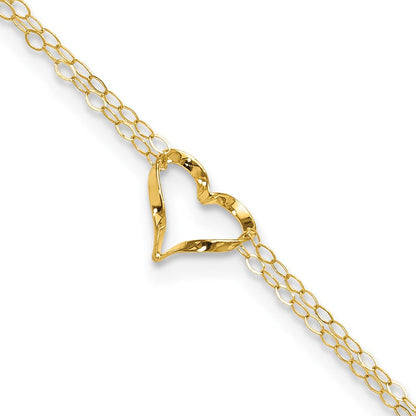 14K Gelbgold Fußkette mit doppelsträngigem Herz, 22,9 cm (9 Zoll) mit 2,5 cm (1 Zoll) Verlängerung