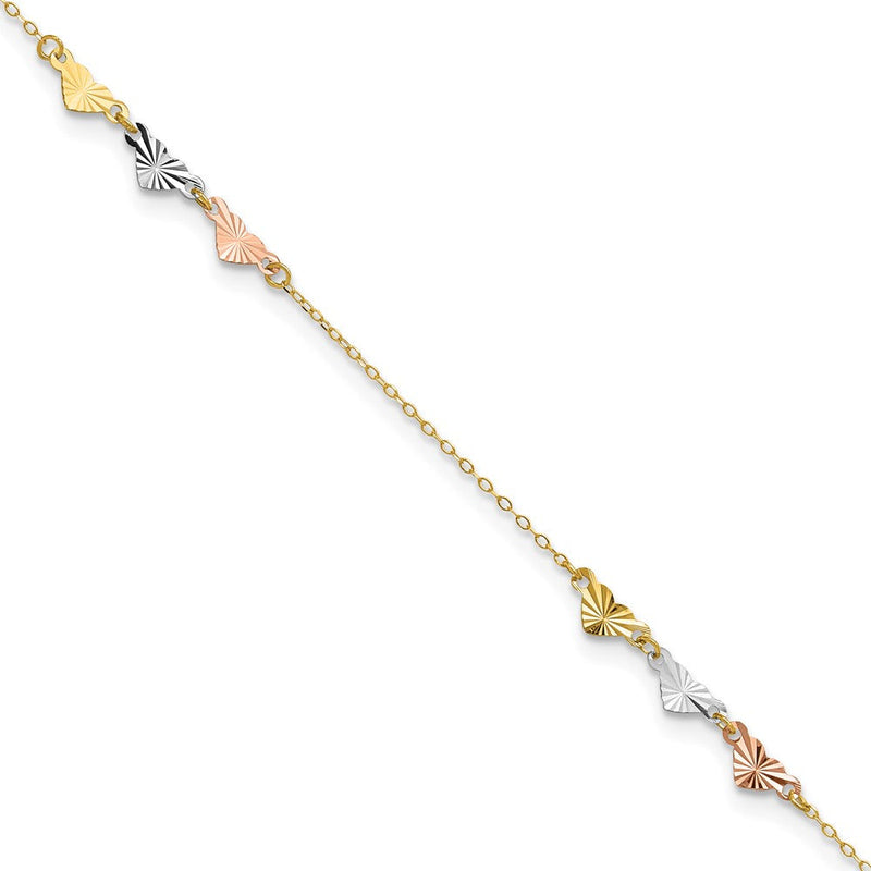 14K Tricolor Diamantiert Herzen 9 Zoll Plus 1 Zoll Verlängerung Fußkettchen