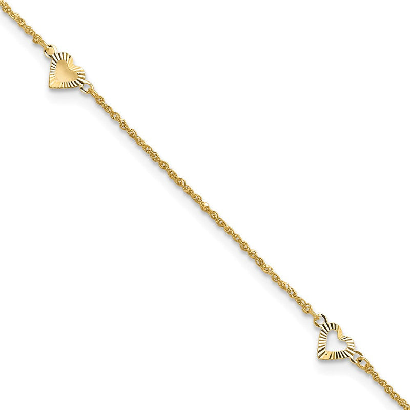 14K Gelbgold Diamantiert Herzen 9 Zoll Plus 1 Zoll Verlängerung Fußkettchen