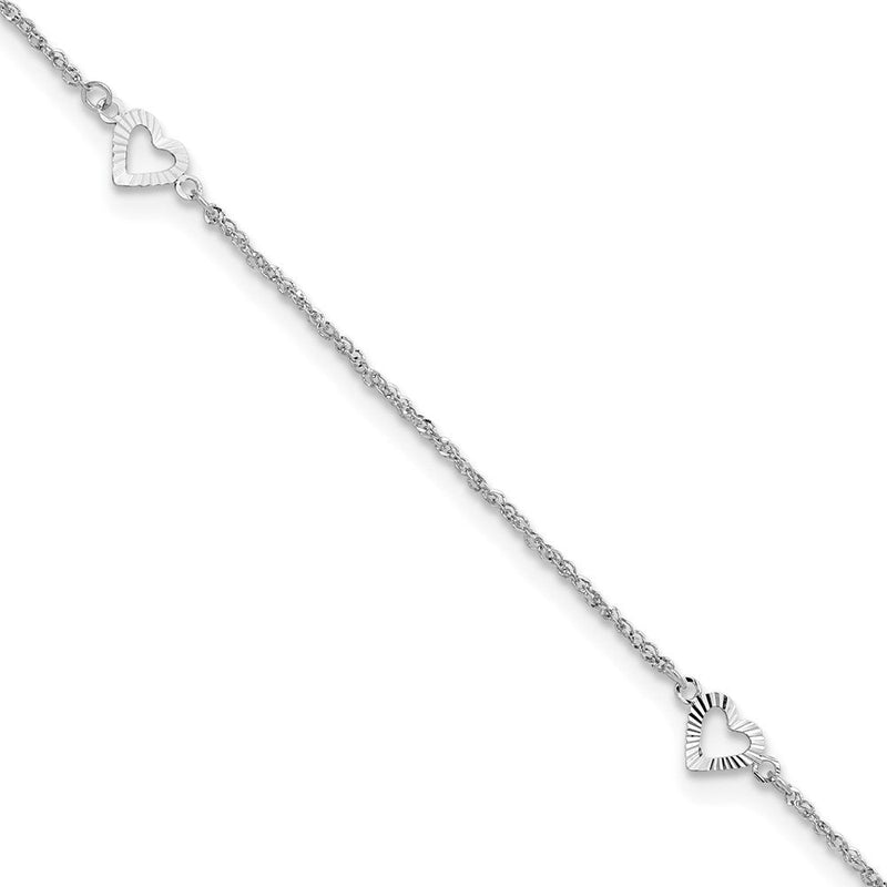 14K Weißgold Diamantiert Herzen 9 Zoll Plus 1 Zoll Verlängerung Fußkettchen