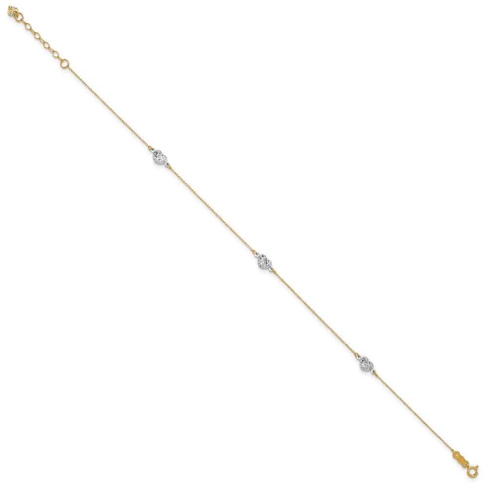 14K Bicolor Puff Herz 9 Zoll Plus 1 Zoll Verlängerung Fußkettchen