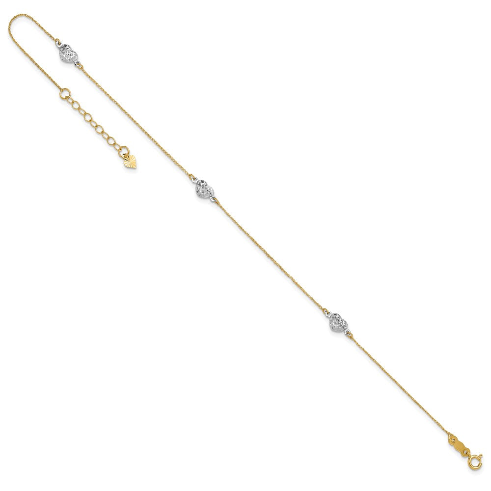 14K Bicolor Puff Herz 9 Zoll Plus 1 Zoll Verlängerung Fußkettchen