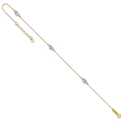 14K Bicolor Puff Herz 9 Zoll Plus 1 Zoll Verlängerung Fußkettchen