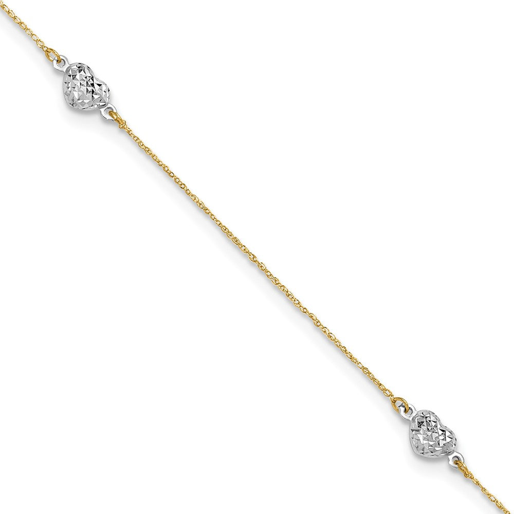 14K Bicolor Puff Herz 9 Zoll Plus 1 Zoll Verlängerung Fußkettchen