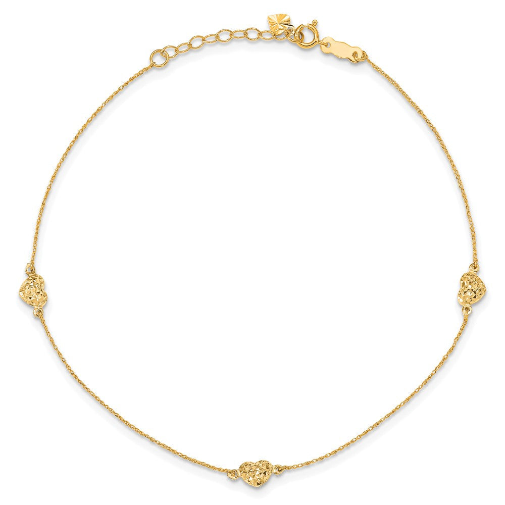 14K Gelbgold Puff Herz 9 Zoll Plus 1 Zoll Verlängerung. Fußkettchen