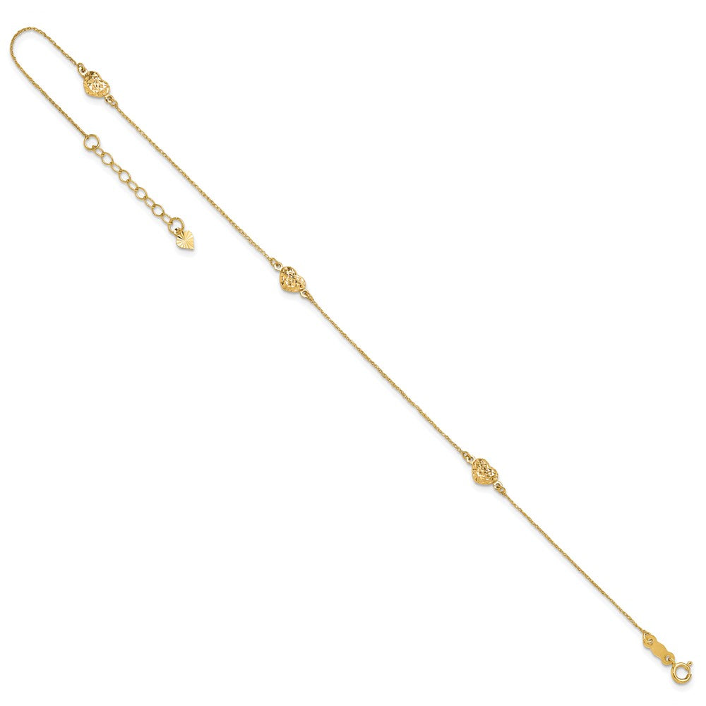 14K Gelbgold Puff Herz 9 Zoll Plus 1 Zoll Verlängerung. Fußkettchen