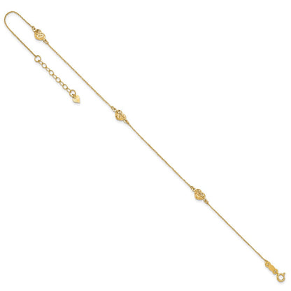14K Gelbgold Puff Herz 9 Zoll Plus 1 Zoll Verlängerung. Fußkettchen