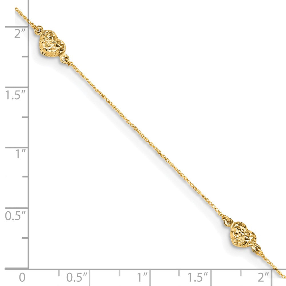 14K Gelbgold Puff Herz 9 Zoll Plus 1 Zoll Verlängerung. Fußkettchen