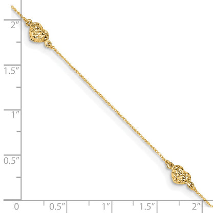14K Gelbgold Puff Herz 9 Zoll Plus 1 Zoll Verlängerung. Fußkettchen