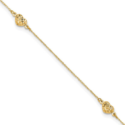 14K Gelbgold Puff Herz 9 Zoll Plus 1 Zoll Verlängerung. Fußkettchen