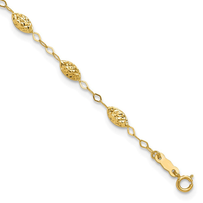 14K Gelbgold Puff Rice Perle 9 Zoll Plus 1 Zoll Verlängerung Fußkettchen